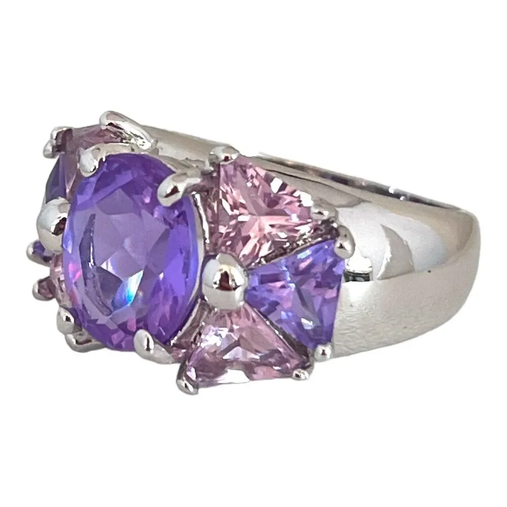 Vintage 1980s Uncas Sterling Silver Purple CZ Multi Stone Ring Size 6.5 - 5Z